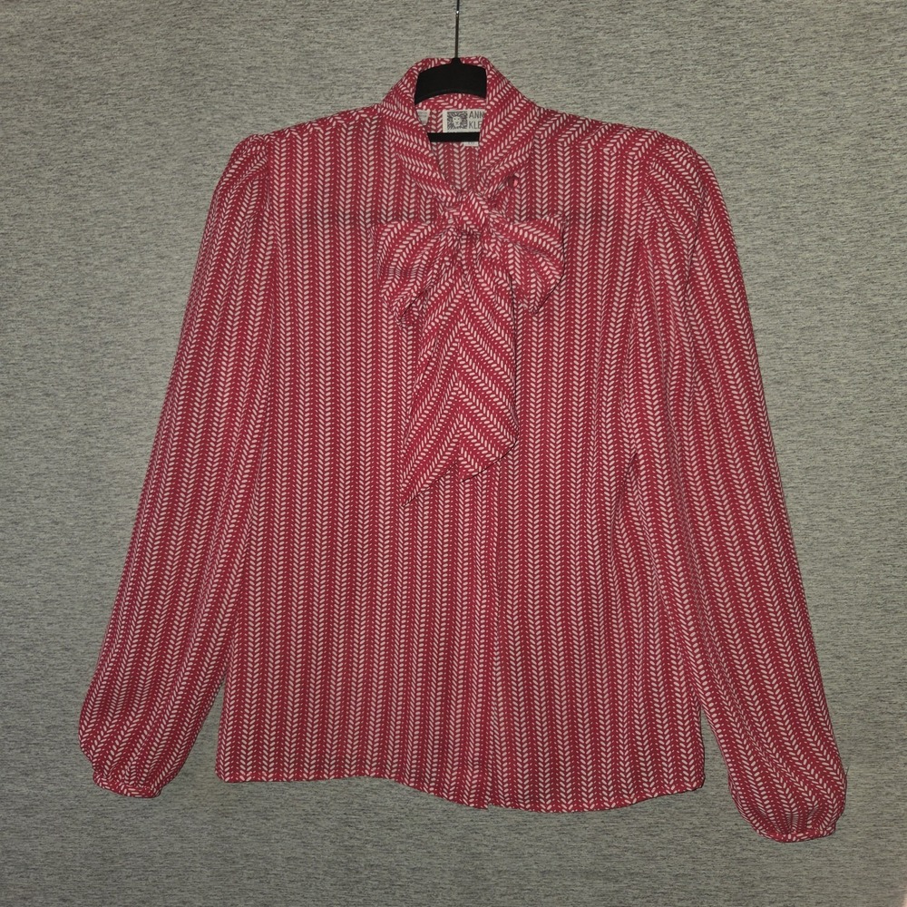Anne Klein Tie Neck Blouse Long Sleeve Red Shoulder Pads Womens Size 10 80s Look